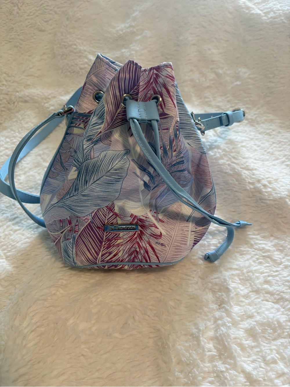 Jim Thomson Floral Pastel Drawstring Crossbody Bucket Bag - Light Blue